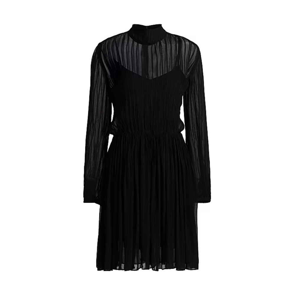 Vince Black Pleated Mock Neck Long Sleeve Dress Sheer Stripe XL V133152020